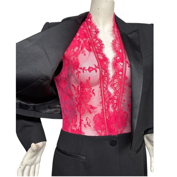 ALEXANDER McQUEEN Trompe L'Oeil Wool Silk Tuxedo Jacket Pink Lace Top S M 6 8 - Picture 6 of 16
